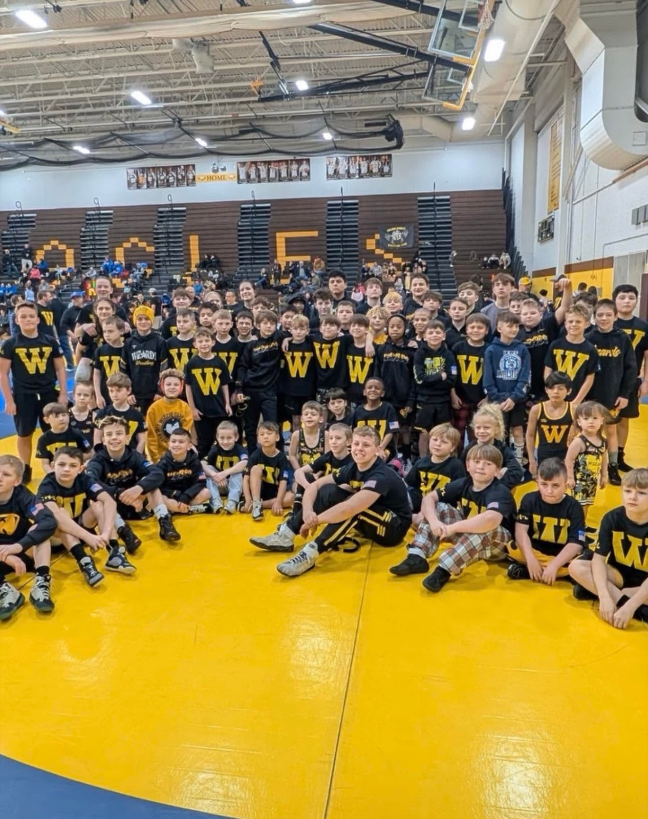 Crystal Lake Wizards wrestlers gathered for a team photo
